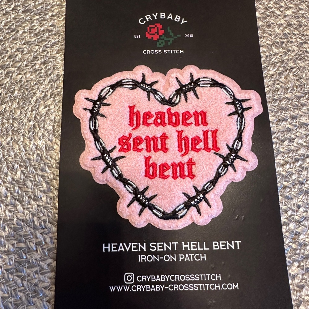 Crybaby Cross Stitch Heart Iron-on Patch “heaven sent hell bent”